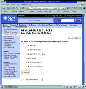 Abbildung 1: Java-Entwickler können auf der Sun-Website ihre JDO-Kenntnisse in einem Quiz unter Beweis stellen.