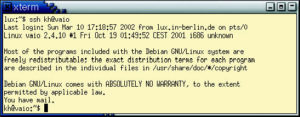 Abbildung 2: Der User »kh« loggt sich per »ssh« von Host »lux« auf »vaio« ein. Dabei sieht er die üblichen Systemmeldungen.