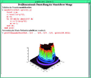 Abbildung 2: Maple 8 kann auch komplexe 3D-Grafiken darstellen: »plot3d« zeigt, wie die Mandelbrot-Menge im gegebenen Wertebereich aussieht.
