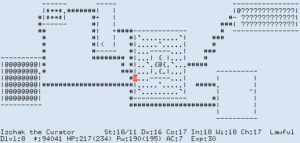 Abbildung 1:Falcon's Eye ersetzt die Ascii-Grafik von Nethack (links) durch eine hoch auflösende isometrische Darstellung mit dynamischen Lichteffekten und mehreren Interface-Bildschirmen (rechts). 
