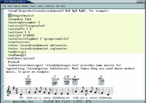 Abbildung 1: Anspruchsvoller Notensatz mit Preview-Latex, einer Wysiwyg-Umgebung für Emacs und XEmacs.
