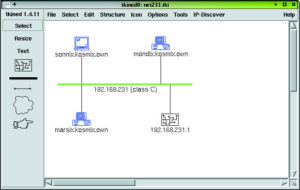 Abbildung 1: Tkined stellt das Testnetz dar. Die Rohversion, die mit Hilfe des »IP-Discover«-Menüs entsteht, lässt sich mit der Werkzeugleiste (links) in diese übersichtliche Darstellung verwandeln.