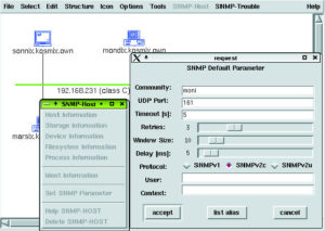 Abbildung 4: In Scotty ist der Menü-Eintrag »Set SNMP Parameter« für die SNMP-Client-Konfiguration zuständig. Wichtig sind vor allem der Community-String und die SNMP-Version.