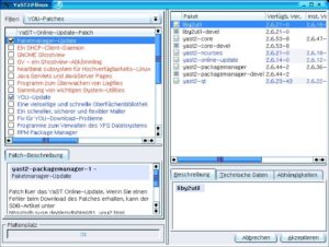 Abbildung 1: Manuelle Online-Updates wie hier bei SuSE Linux sind für Einzelplatzsysteme eine hervorragende Lösung, um Sicherheits-Updates (rot) rasch einzuspielen. Admins großer Netze brauchen andere Techniken.