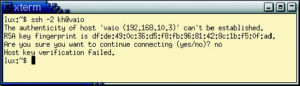 Abbildung 3: Beim Login auf einen unbekannten Host fragt SSH nach, ob der User dem Server-Key vertraut. »kh« verneint dies hier, die Verbindung bricht ab.
