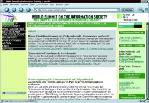 Abbildung 2: Deutsche Homepage der Heinrich-Böll-Stiftung zum WSIS. Sie unterstützt die Entsendung von Vertretern der Zivilgesellschaften zum WSIS-Gipfel.
