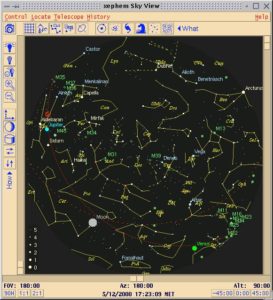 Das verbesserte XEphem-Standardfenster Sky View. Man erkennt oben die Einstellknöpfe für einzelne Objektgruppen, die gezeigt oder versteckt werden sollen. Links ist die Knopfreihe für die Veränderung der Darstellung zu sehen. 