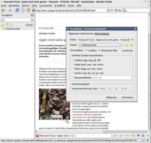 Abbildung 1: Scrapbook erlaubt es dem Anwender, eine HTML-Seite vor dem Archivieren zu bearbeiten. Am unteren Fensterrand sind die entsprechenden Tools dafür angezeigt.