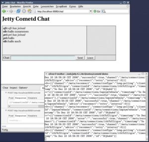 Abbildung 1: Ein Webchat mit Hilfe von Comet und Jetty. Im Debug-Fenster ist ein noch offener Request zu sehen, auf dessen Beantwortung der Browser wartet.