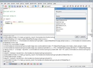 Abbildung 2: Die KDE-Entwicklungsumgebung Kdevelop mit dem von Cmake generierten Projekt. Neben den Quelldateien zeigt der Schnellöffner auch die Cmake-Projektdateien. 