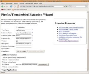 Abbildung 2: Ted Mielczareks Extension Wizard erstellt online den Grundstock für die selbst gemachte Erweiterung. Ein Build-Skript zum späteren Einpacken ins installierbare XPI-Format liefert er gleich mit. 