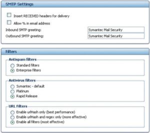 Abbildung 3: Das versteckte Menü der Symantec-Appliance erscheint, wenn der Admin [Shift]+[A] eintippt. Die Option »Rapid Release« hat ein Symantec-Techniker manuell gesetzt. Interessant sind auch die SMTP-Greeting-Einstellungen.