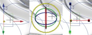 Abbildung 3: Die häufigsten Operationen beim Modellieren, Drehen, Verschieben und Skalieren basieren in K-3D auf einem ausgefeilten interaktiven Verfahren, das sich über die farbcodierte visuelle Gestaltung auch einem noch ungeübten Benutzer schnell erschließt. 