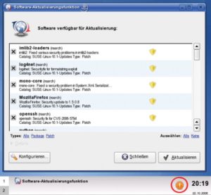 Abbildung 4: Bugfixes für fünf bis sieben Jahre, jedoch nur nach Registrierung. Wie in Open Suse 10.1 weist ein Taskleisten-Icon darauf hin, wenn Updates vorliegen.