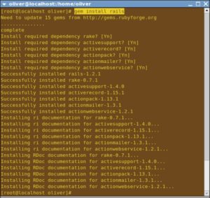 Abbildung 1: Installation von Ruby on Rails mit Hilfe von Rubygems. Der Paketmanager löst die Abhängigkeiten auf und präsentiert sie dem Benutzer.