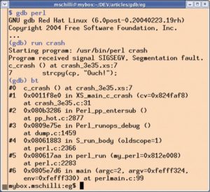 Abbildung 1: Eine »gdb«-Session analysiert den Stacktrace des Perl-Skripts.