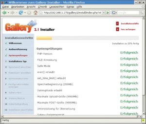 Abbildung 1: Der im Browser ablaufende Installer von Gallery 2 nimmt dem Anwender die gesamte Handarbeit ab und erkennt viele potenzielle Probleme, zum Beispiel fehlende Schreibrechte für den Repository-Ordner.