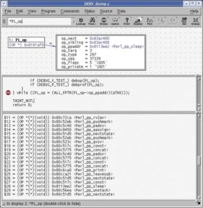 Abbildung 2: Der GUI-Debugger »ddd« hat sich an einen Perl-Prozess angedockt und gibt die Opcodes aus, die die virtuelle Maschine durchläuft.