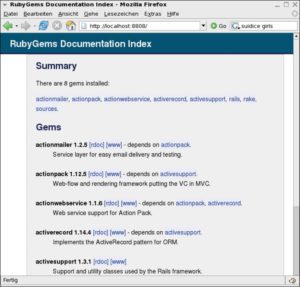 Abbildung 2: Die Dokumentation der installierten Pakete zeigt Rubygems über den mitgelieferten »gem_server« im Browser.