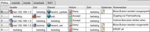 Abbildung 3: Der FW-Builder-Regelsatz erkennt Angriffe auf einen nicht real vorhandenen Dummy-Rechner (Zeile 3) und nutzt den eigens definierten Dienst (Custom Service) »recent_set«, um Quelladressen auf die Blacklist zu setzen. In Zeile 0 sperrt »recent_update« alle bekannten Bösewichte aus.