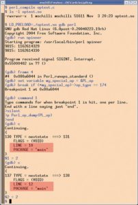 Abbildung 3: Beispielsitzung mit dem »gdb« und einer trickreichen Shared Library: Die gerade abgearbeitete Zeile eines aktuell ablaufenden Perl-Skripts ohne Debug-Information wird ermittelt.