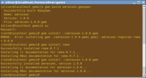 Abbildung 3: Ein eigenes Gem-Paket bauen und installieren. Leider installiert Rubygems in diesem Fall das geforderte Rake-Paket nicht automatisch.