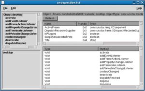 Abbildung 4: Mit Tcluno greifen Tcl-Skripte direkt auf die UNO-Komponenten von Open Office zu. Das GUI-Werkzeug Unospection stellt die verfügbaren Klassen dar und enthält sogar die Dokumentation.