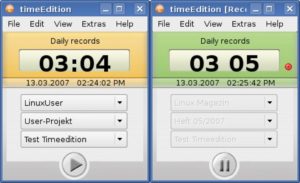 Abbildung 1: Auf einen Blick informiert: Die ausgefeilte Benutzeroberfläche des kommerziellen Time Trackers Timeedition zeigt optisch prägnant, ob und für welches Projekt die Stoppuhr gerade läuft. Die Farbe des oberen Fensterdrittels ändert sich je nach dem aktivierten Kunden.
