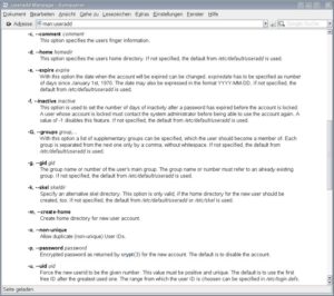 Abbildung 1: Die Tools zur Benutzer- und Gruppenverwaltung besitzen zahlreiche Optionen, wie hier die Manpage zu »useradd« zeigt. Die meisten sind für die LPI-Prüfung aber irrelevant.