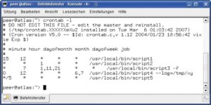 Abbildung 2: Der Befehl »crontab -l« gibt die private Crontab eines Benutzer aus. LPI-Kandidaten müssen in der Lage sein, alle Ausführungstermine komplizierter Einträge dieser Datei zu bestimmen.