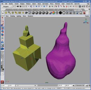 Abbildung 2: Komplizierte Formen entstehen in 3D-Modellern meist aus einfachen Grundformen, deren Gitternetzmaschen der Designer immer weiter aufteilt und schließlich an die gewünschte Position im Raum verschiebt. Glättungsalgorithmen runden die Form ab. Die Abbildung zeigt außerdem die übersichtliche Oberfläche von Maya.