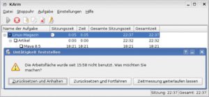 Abbildung 5: Als einzige Anwendung fragt Karm bei Rechner-Inaktivität nach, ob die Leerlaufzeit als Arbeitszeit gelten soll. Bei Arbeiten, die Denkpausen erfordern, schützt dies vor Verfälschung der Zeitmessung.