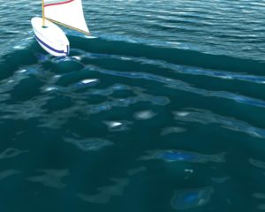 Abbildung 7: Kräftespiel wie in der Natur: Ein Schiffskiel pflügt durch vom Wind bewegtes Wasser. Maya errechnet eine realistische Oberflächengestaltung.