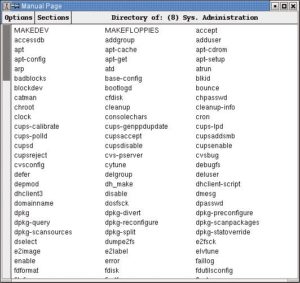Abbildung 2: »xman« präsentiert alle installierten Manpages über ein grafisches Frontend. »xman« zeigt auch eine Liste der Manpages innerhalb einer Sektion. Ein Klick darauf führt zur entsprechenden Doku.