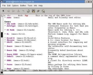 Abbildung 4: Mit dem Editor Emacs browsen Anwender im Info-System. Unter X gestartet ist es sogar möglich, die Info-Menüs mit der Maus aufzurufen.