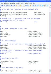 Abbildung 1: Dieser Auszug der Datei »/etc/syslog.conf« zeigt, wie Sie über Facilities und Prioritäten festlegen, welche Logmeldungen der Daemon in welche Datei schreibt. Etwa alle Mail-relevanten Daten nach »/var/log/mail«.