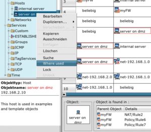 Abbildung 2: Wo benutzt die Policy ein bestimmtes Objekt? Markiert der Anwender das Objekt in der Baumansicht (links), setzt FW-Builder rechts einen roten Rahmen um jedes Auftreten. Der Kontextmenü-Eintrag »Where used« liefert eine übersichtliche Liste aller Fundstellen (rechts unten).