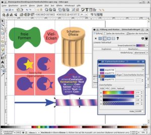 Abbildung 2: Inkscape bietet alle wichtigen Zeichenwerkzeuge und baut komplexe Formen mit booleschen Operationen auf. Interaktive Farbverläufe und Weichzeichner sorgen in letzter Zeit für grafische Effekte á la Illustrator.