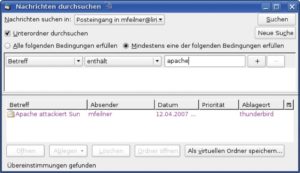 Abbildung 4: Die Suche über den »Nachrichten durchsuchen«-Dialog wird dank Thunderbirds IMAP-Fähigkeiten komplett vom Server abgewickelt.