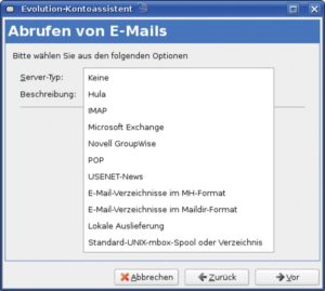 Abbildung 6: Evolution bringt bereits in der Open-Suse-Standardinstallation zahlreiche Konnektoren für Groupware-Server wie Novell Groupwise oder MS Exchange mit.