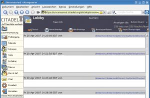 Abbildung 1: Citadel bringt seinen eigenen Webclient mit und besticht durch ein ausgefeiltes Raum-Konzept. Die Abbildung zeigt die Lobby, den ersten öffentlichen Raum für alle Citadel-Benutzer.