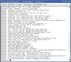 Abbildung 1: Der User baut eine SSH-Verbindung mit dem lokalen SSH-Server auf. Im Debug-Modus mit der Option »-v« zeigt der Client den komplette Verbindungsaufbau, Pfade, Verschlüsselungsmechanismen und erlaubte Authentifizierungsmethoden ebenso wie eventuell fehlerhafte Dateiberechtigungen.
