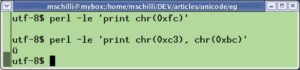 Abbildung 2: In einem auf UTF-8 eingestellten Terminal funktioniert die Ausgabe in UTF-8, aber in ISO-8859-15 kodierte Zeichen bleiben unsichtbar.