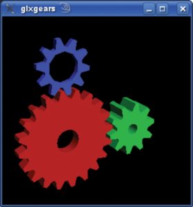 Abbildung 2a: Das berühmte Glxgears-Programm führt unter Bugles scharfem Blick ...