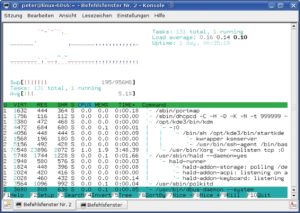 Abbildung 3: Menüsteuerung, eine scrollende Prozessliste, Verlaufs- und Balkengrafiken sowie eine Baumdarstellung abhängiger Prozesse: Htop schöpft die Konsole voll aus.