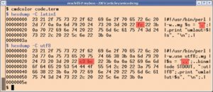 Abbildung 3: In einem in ISO-8859 geschriebenen Perl-Skript wird das Zeichen ü im Sourcecode als »0xFC« kodiert. Ist der Sourcecode in UTF-8 kodiert, erscheint das ü hingegen als Bytesequenz »0xC3BC«.