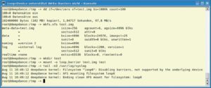 Abbildung 3: Zumindest bis Kernel 2.6.17.7 unterstützt das Loop-Device keine Write Barriers und eignet sich daher, sich die Fehlermeldungen der Dateisysteme anzuschauen.