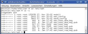 Abbildung 3: Auch der Server hat einen privaten und einen öffentlichen Schlüssel. Diese liegen im Verzeichnis der Konfigurationsdateien »/etc/ssh«, in dem auch die Konfigurationen des Servers in »/etc/ssh/sshd_config« und des Clients (»/etc/ssh/ssh_config«) zu finden sind.