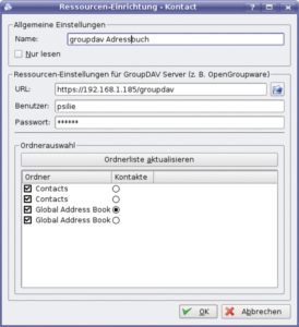 Abbildung 5: Auf diesem Server sind das private und das globale Adressbuch für den Benutzer »psilie« freigegeben. Kontact bindet sie beide per Mausklick ein, wenn auch manche Programmversionen erst über den passenden Eintrag im Kontextmenü etwas Nachhilfe benötigen.