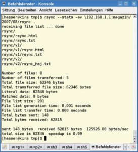 Abbildung 1: Höchst ausführlich: »rsync« gibt mit den Optionen »-v« und »--stats« nach den übertragenen Dateien noch statistische Daten aus.